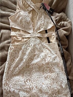 PrettyLittleThing Cream Lace Cutout Mini Dress